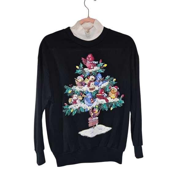 Vtg 80s Nutcracker Christmas tree birds black sweatshirt built in collar - Picture 1 of 11